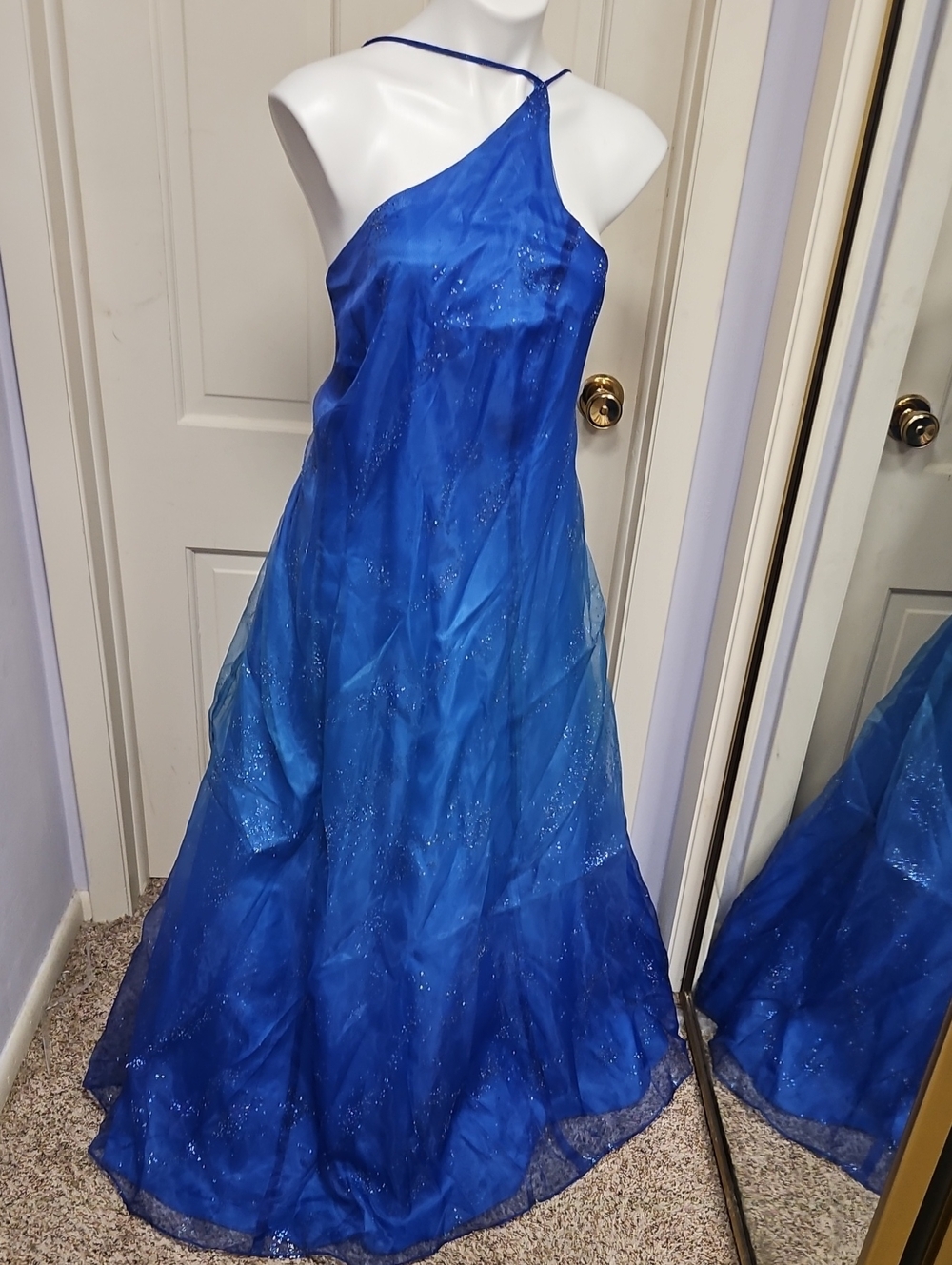 90s Vintage Royal Blue One-Shoulder Goddess Glitter Formal Dress